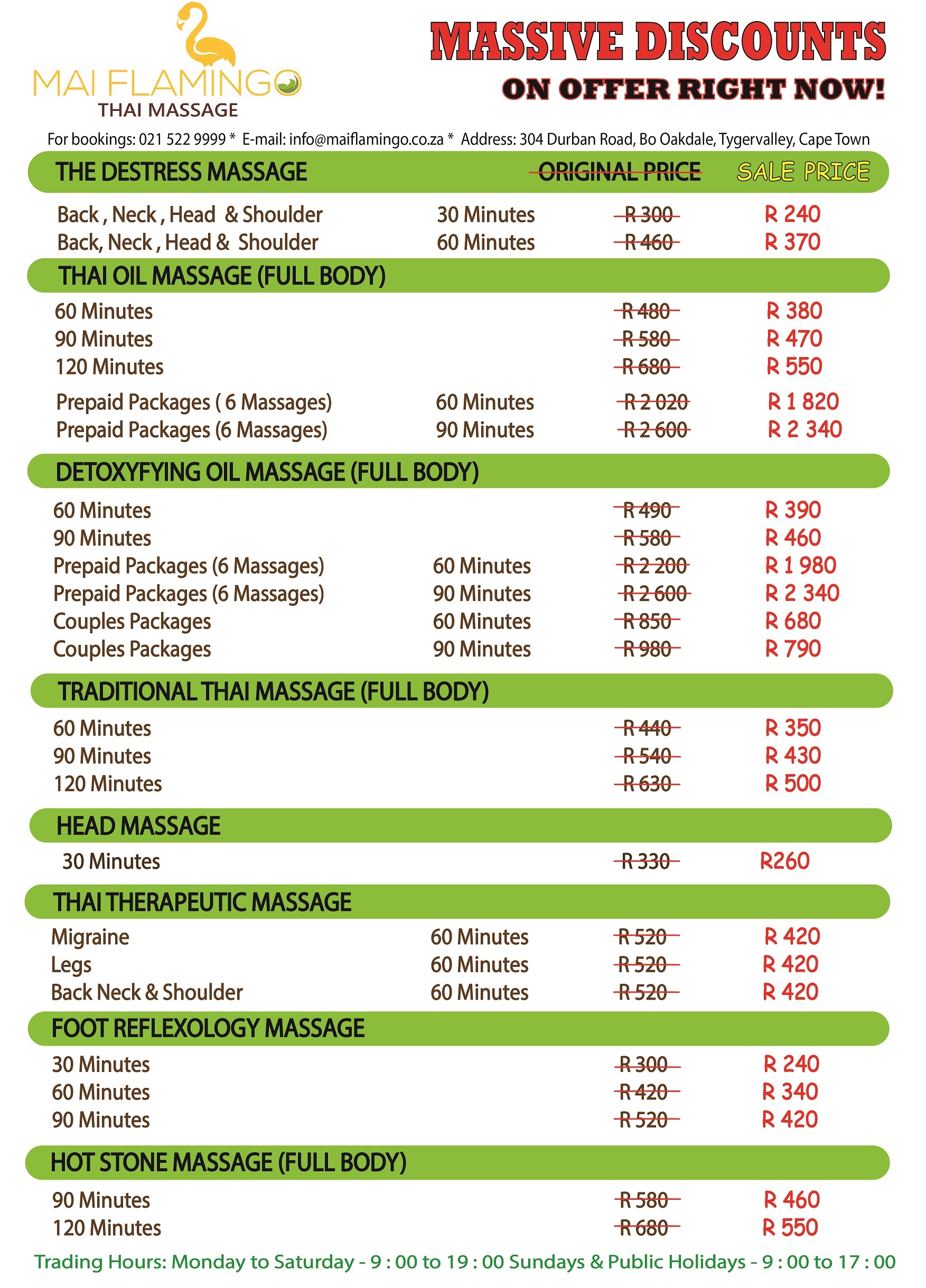 PRICE LIST Thai massage in Cape Town
